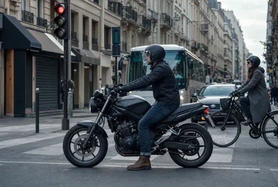 Motorrad an einer roten Ampel in der Stadt, kurze Strecke
