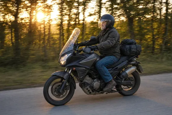 Biker auf einem beladenen Tourer, lange Strecke bei Sonnenuntergang